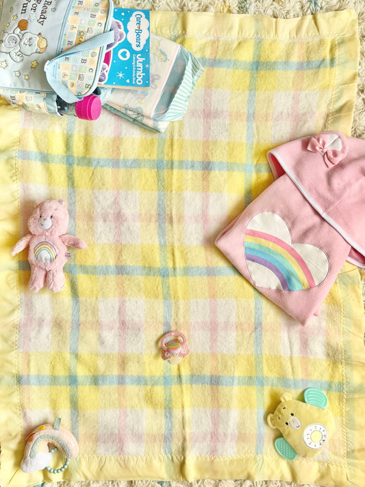 Pastel Yellow Plaid Blanket With Satin Trim