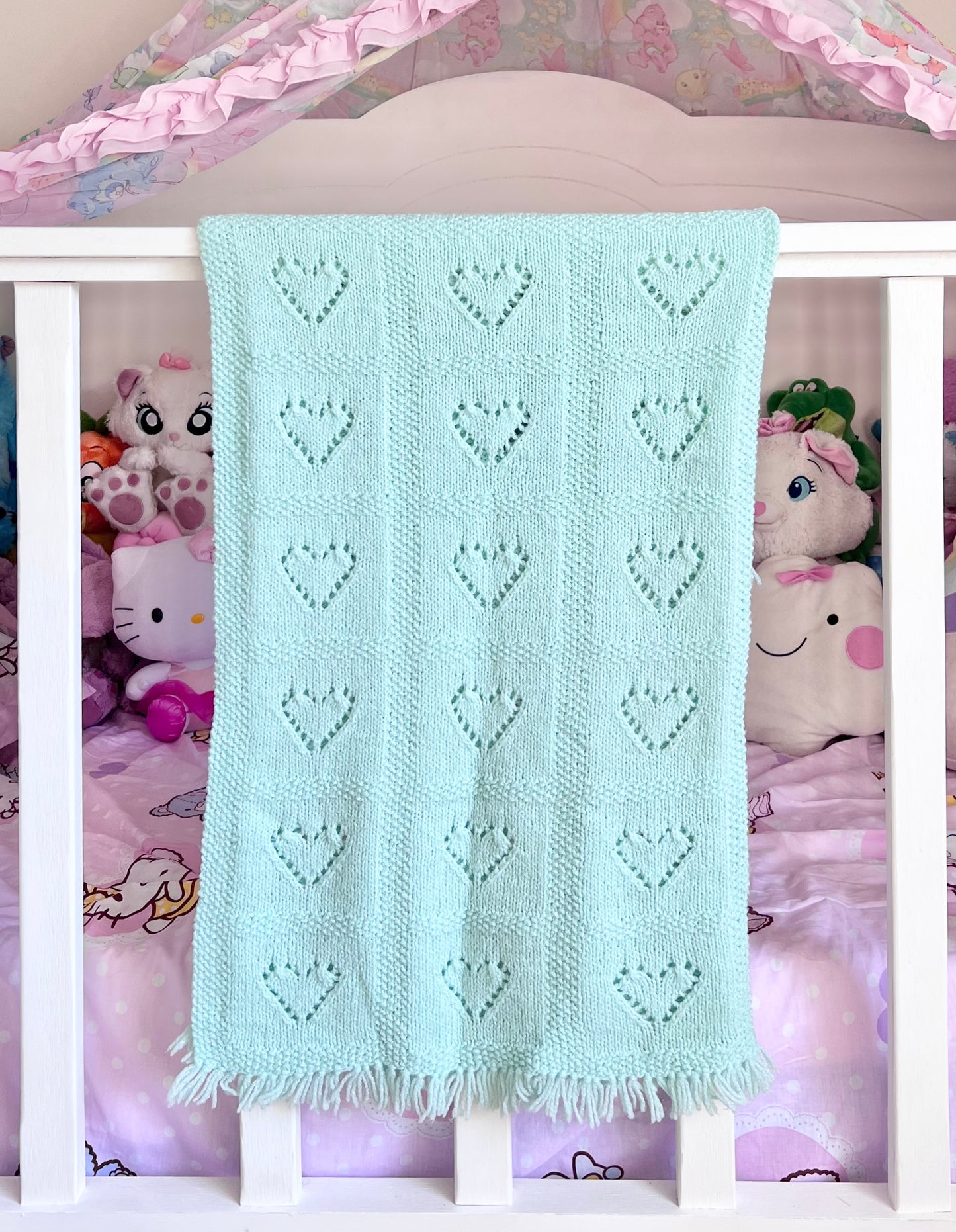 Minty Hearts Knitted Blanket