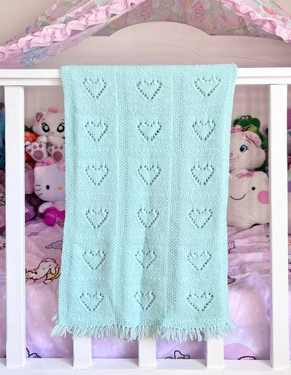 Minty Hearts Knitted Blanket